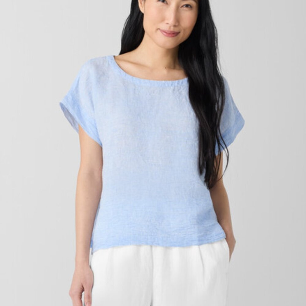 Puckered Organic Linen Stripe Ballet Neck Top - Eileen Fisher